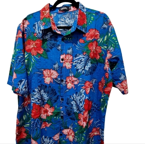 XXL Men's Cotton Blend Blue Red Hawaiian Tropical Office VCAY Beach Dress Shirt - Picture 1 of 7